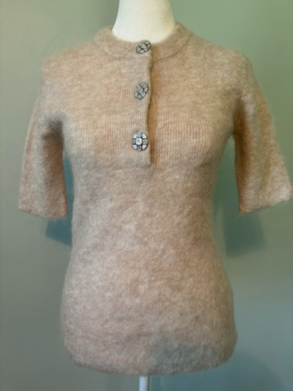 H&M Edition Beige Mohair Blend Short Sleeve Sweater w/Crystal-Like Buttons Small